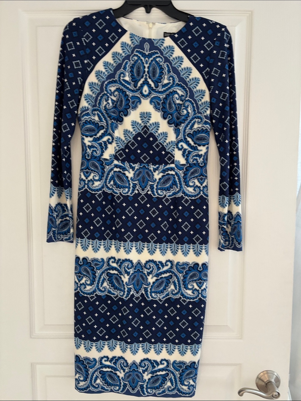 Maggy London Blue and White Paisley-Print Long Sleeve Sheath Dress